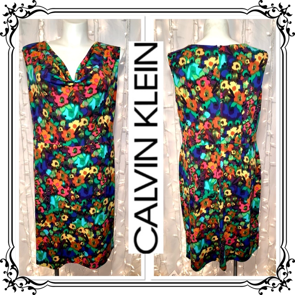 CALVIN KLEIN ⭐️ Primary Color Floral Sleeveless Cowl Neck Dress